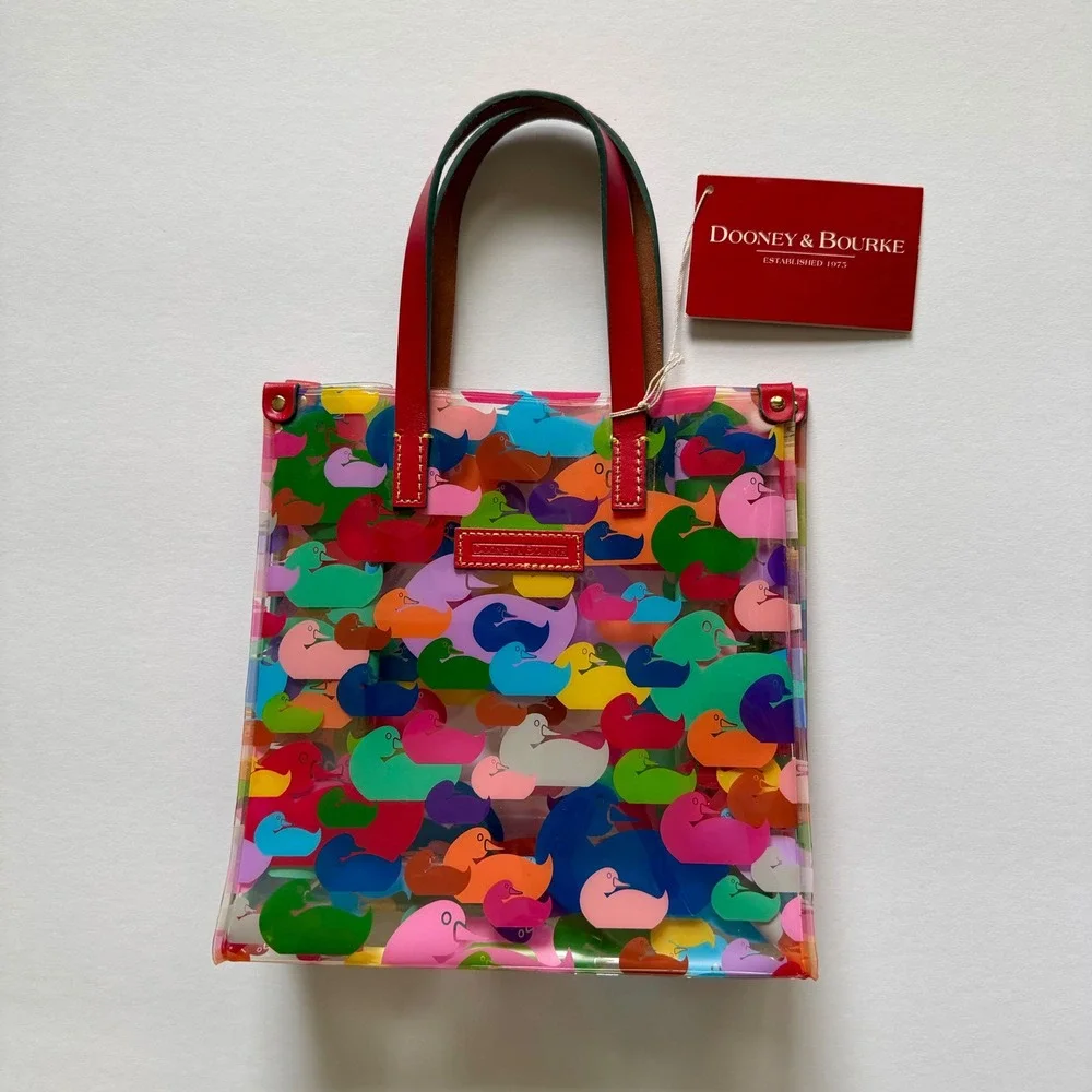 Dooney & Bourke Rainbow Duck Print  PVC Mini Tote Lunch Bag Red Leather handles